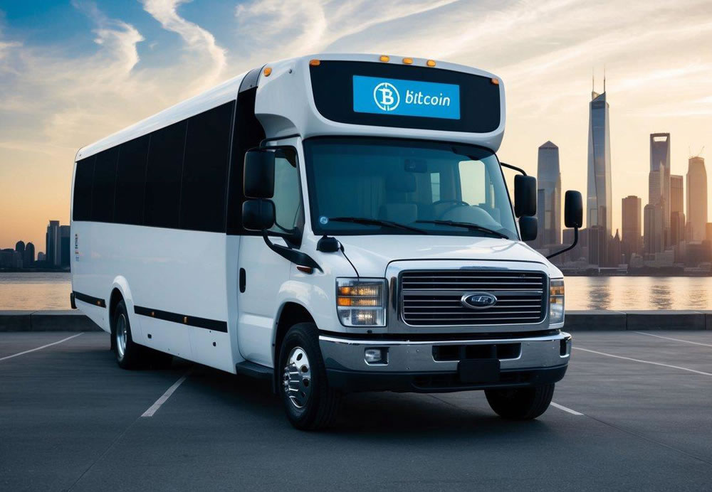 A charter bus parked in front of a futuristic city skyline, with a digital Bitcoin payment symbol displayed on its electronic payment screen