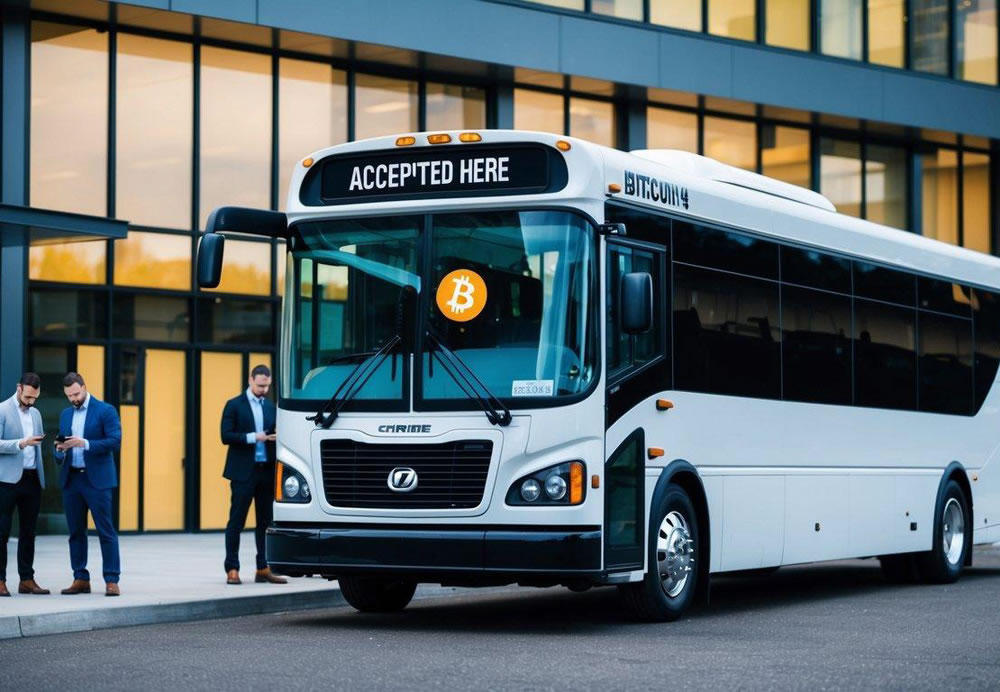 A charter bus parked outside a modern office building, with a digital sign displaying Bitcoin Accepted Here and passengers using their smartphones to make payments