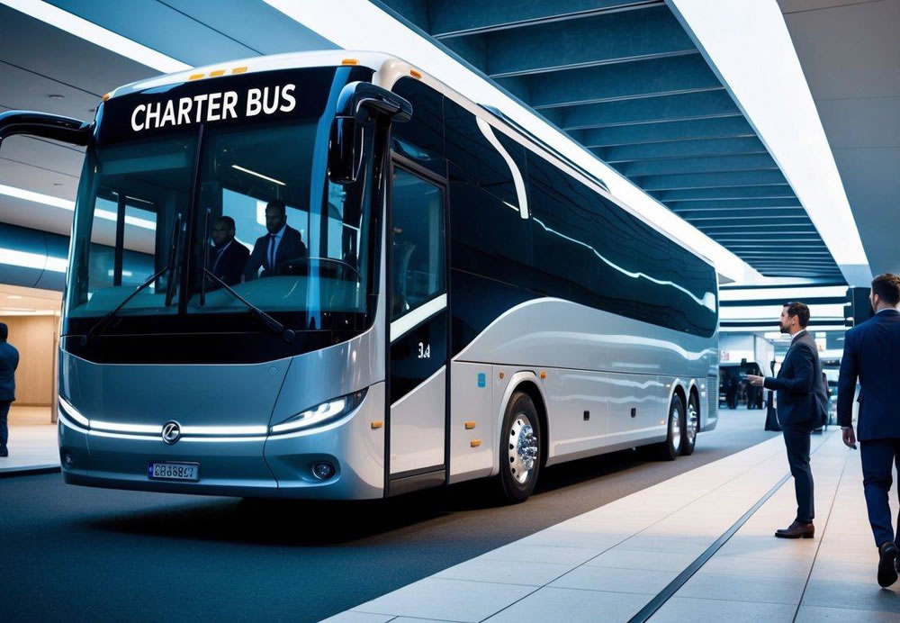 A sleek charter bus pulls up to a futuristic city terminal, with passengers boarding and a digital Bitcoin payment terminal visible at the entrance