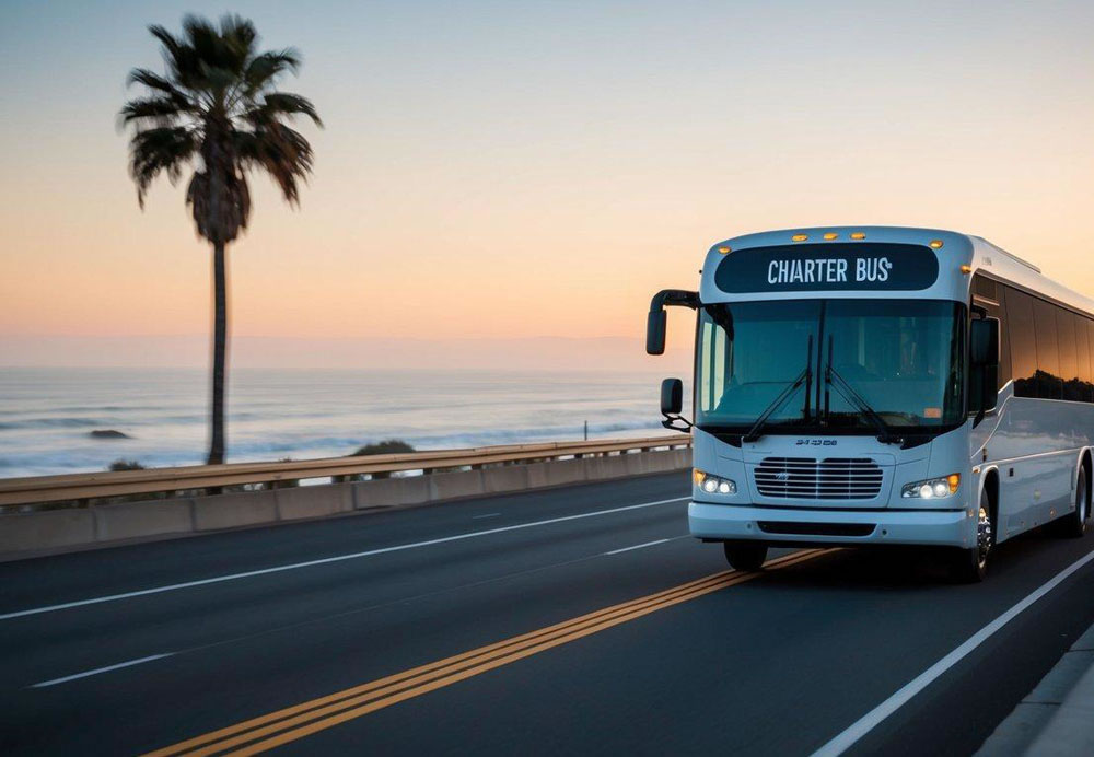 A charter bus traveling on a coastal highway from Los Angeles to San Diego, passing by palm trees and the ocean