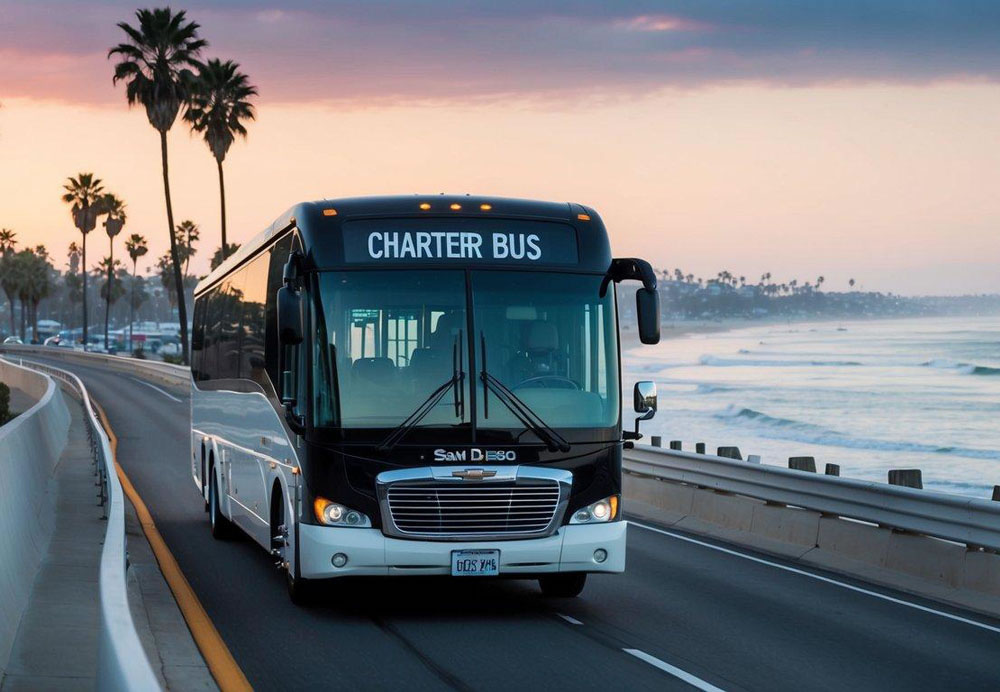 A charter bus drives along the scenic coastal highway from Los Angeles to San Diego, passing by palm trees and beachfront venues